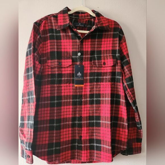 RAINFOREST MEN'S HEAVYWEIGHT PLAID FLANNEL SHIRT BLACK/RED SIZE M - Picture 1 of 5